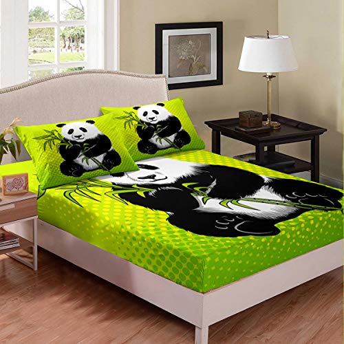 Karikatur Panda Bettlaken Set Niedlich Tier Spannbettlaken 90x200cm für Kinder Panda Bär Gedruckt Spannbetttuch Fleckenresistent Karikatur Riesen Panda Grün von Tbrand