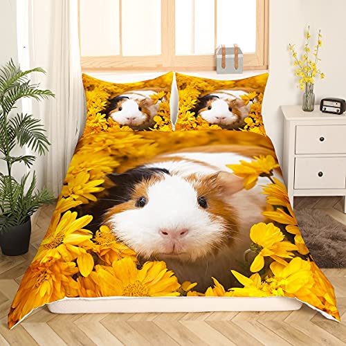 Tbrand Kinder Meerschweinchen Betten Set Sonnenblume Bettbezug Set für Kinder Jungen Mädchen Süße Meerschweinchen Blüte Blumen Bettwäsche Set 135x200cm Botanische Zweige Tierdekor Raumdekor von Tbrand