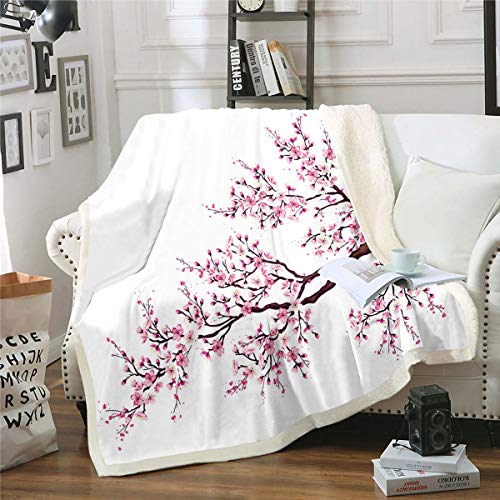 Tbrand Kirschblüten Wohndecke Kuscheldecke japanischen Stil für Kinder Schick Rosa Blumen Flowers Decke 220x240cm Äste Raumdekor Flanell Fleecedecke von Tbrand