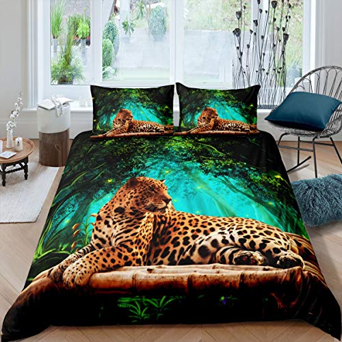 Tbrand Leopard Bettbezug Set Safari Geparden Drucken Bettwäsche Set 135x200cm für Kinder Wildtier Tropische Blätter Betten Set Natürliche Landschaft Mit 1 Kissenbezug 2St von Tbrand