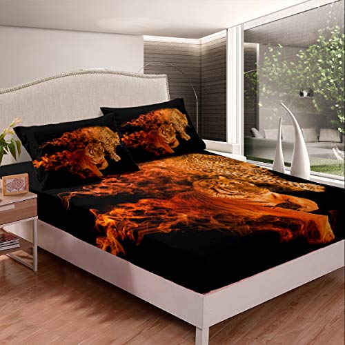 Tbrand Leopard Spannbettlaken 160x200cm Gepard brennender Druck Spannbetttuch Paar Safari Tiere Bettlaken Set Flames Abstraktes Design Mit 1 Kissenbezug 2St von Tbrand