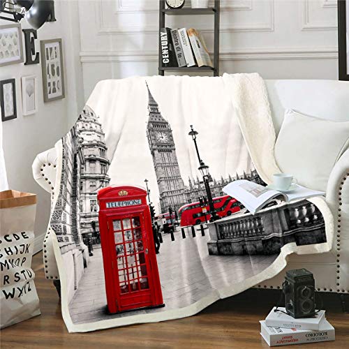 Tbrand London Stadt 3D Drucken Flanell Fleecedecke Rot Telefonzelle Decke Microfaser Grau Modern City Landschaft Kuscheldecke Decke Kinder Mädchen Wohndecke 130x150cm von Tbrand