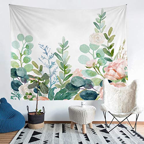 Tbrand Mädchen Blumen Wandbehang Aqua Botanische Blätter Wandteppich für Frauen Aquarell Rosa Grün Zweige Tapisserie 175x230cm Garten Gedruckter Mikrofaser Dekorativ von Tbrand