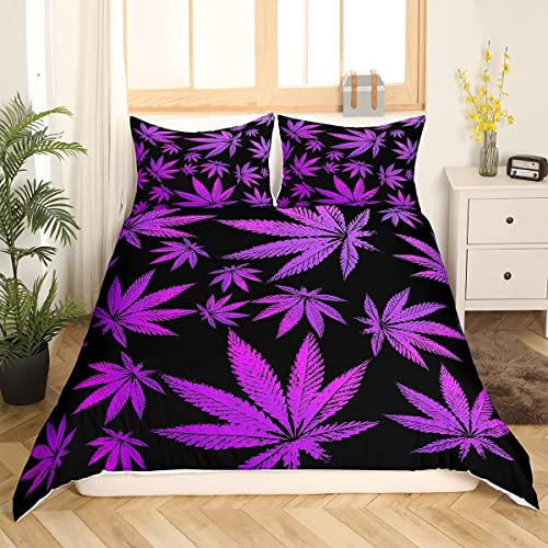 Tbrand Marihuana Blatt Bettbezug Set 135x200cm Set Unkraut Blatt Botanisch Bettwäsche Set für Erwachsene Cannabis Blatt Betten Set Luxus Puple Hanf 2St, Reißverschluss von Tbrand