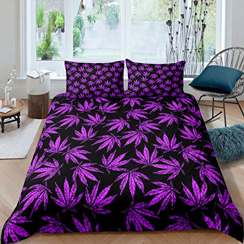 Tbrand Marihuana Blatt Bettwäsche Set 135x200cm Cannabis Blatt Bettbezug Set für Kinder Frauen Erwachsene Marihuana Weed Lila Blatt Betten Set Botanisch Weich 2St,Schwarz von Tbrand