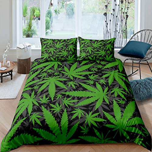 Tbrand Marihuana Blatt Bettwäsche Set 135x200cm Cannabis Print Betten Sets Grün Grau Botanische Zweige Bettbezug Set Für Jungen Mädchen Jugend Mit 1 Kissen Shams Marihuana Weed Blatt von Tbrand