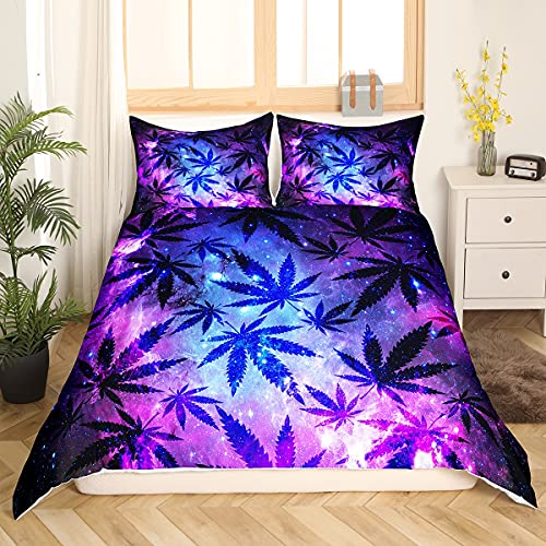 Tbrand Marihuana Blatt Bettwäsche Set 135x200cm Teens Cannabis Galaxy Betten Sets Bettbezug Set mit 1 Kissen Shams Marihuana Weed Blatt Betten Set Sanft Chic Lila Blau Room Decor von Tbrand