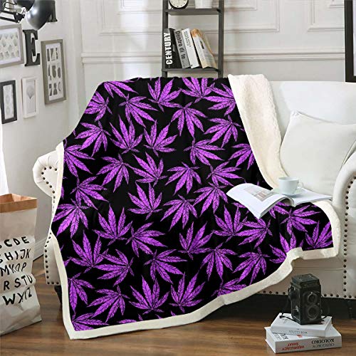 Tbrand Marihuana Blatt Wohndecke Cannabis Blatt Decke 150x200cm für Erwachsene Marihuana Weed Lila Blatt Kuscheldecke Botanisch Dekor für Sofa,Schwarz von Tbrand