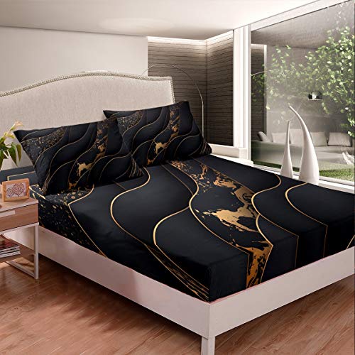 Marmor Bettlaken Set für Kinder Mädchen Jungen Abstrakte Kunst Spannbettlaken 140x200cm Schick Luxuey Schwarz Golden Fluid Spannbetttuch Neuheit Modernes Marmor Design 2St von Tbrand