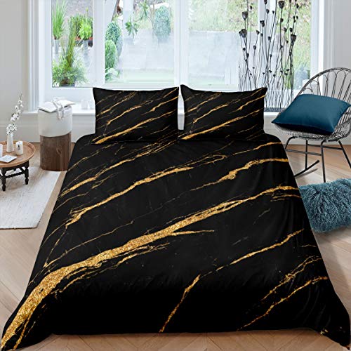 Tbrand Marmor gedruckt Bettbezug Set 155x220cm Schwarz Golden Marmor Bettwäsche Set Schick Modern Marble Design Betten Set für Frauen Männer Schlafzimmer Dekor Abstrakte Kunst von Tbrand