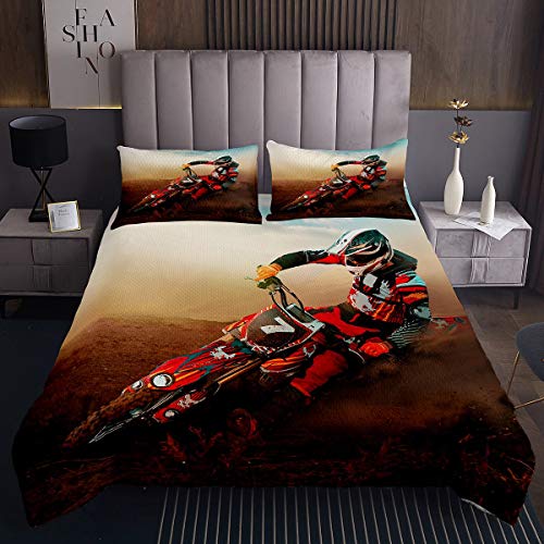 Tbrand Motocross Fahrer Tagesdecke Extremsport Thema Steppdecke Jugendliche Motorrad Muster Bettüberwurf 220x240cm für Jungen Kinder Dirt Bike Mit 2 Kissenbezug von Tbrand