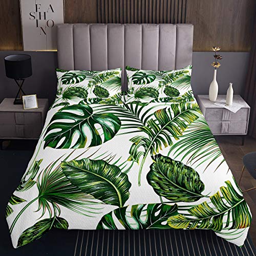 Tbrand Palmblatt Bettüberwurf 220x240cm Grüne Tropische Blätter Steppdecke für Hawaiian Botanisch Tagesdecke Fleckenresistente Blattzweige Raumdekor 3St von Tbrand