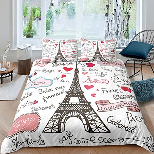 Tbrand Paris Bettbezug Set Eiffelturm Gedruckt Bettwäsche Set 135x200cm für Kinder Jungen Mädchen Romantische Zeit In Paris Betten Set Frankreich Style 2St von Tbrand