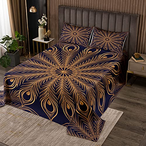 Tbrand Pfauenfeder Steppdecke Boho Mandala Bettüberwurf 240 x 260 cm für Damen Chic Golden Bird Feathers Element Tagesdecke Bohemian Exotic Flowers Design 3er Pack von Tbrand