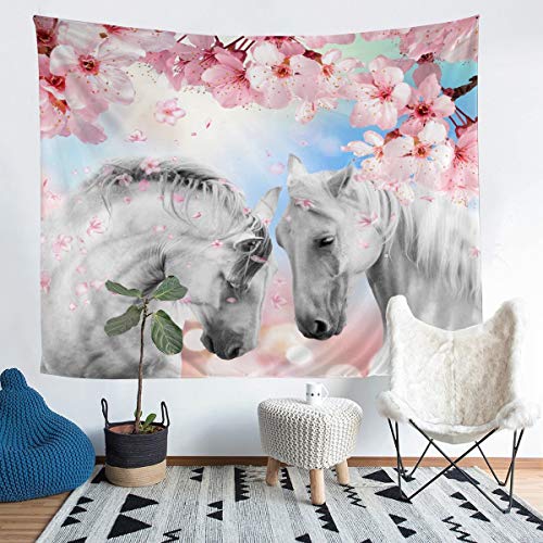 Tbrand Pferd Wandteppich Paar Weiß Galoppierendes Pferd Wandbehang für Kinder Kirschblüten Gedrucktes Tapisserie 148x200cm Wildtierzweige Wandtuch Raumdekoration von Tbrand