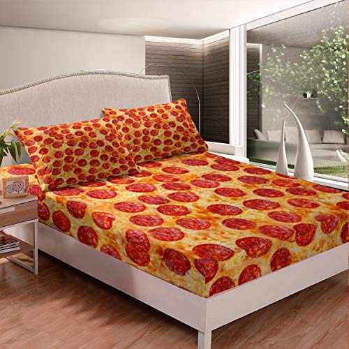 Tbrand Pizza Spannbetttuch Pepperoni Be Drucken Bettlaken Set Lustiges Spannbettlaken 140x200cm für Jungen Mädchen Leicht Delicious Theme Mit 1 Kissenbezug von Tbrand