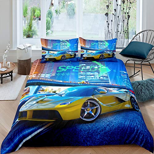 Tbrand Rennsportwagen Bettwäsche Set 135x200cm für Mädchen Jungen Kinder Extremsport Betten Set Autosportwettbewerb Bettbezug Set Dekor Automobile Stil 2St von Tbrand