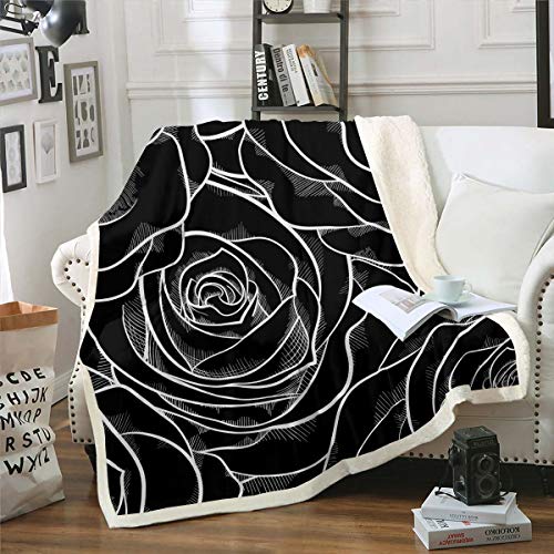 Tbrand Rose Wohndecke Blumen Drucken Decke 150x200cm Liebhaber Paare Blüte Blumen Kuscheldecke Modern Romantic Schwarz Weiß Flanell Fleecedecke Weich für Sofa von Tbrand