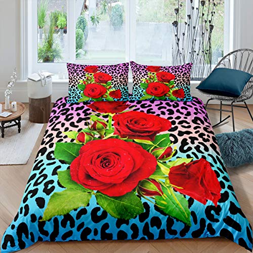 Tbrand Rot Rose Betten Set Leopardenmuster Bettwäsche Set 135x200cm für Kinder Cheetah Drucken Bettbezug Set Weich Dekor Rose Blumen Romantische Blumen von Tbrand