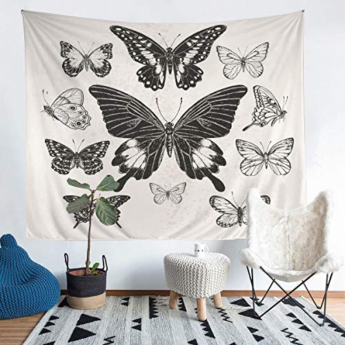 Tbrand Schmetterlinge drucken Wandbehang Fliegende Insekten Wandteppich 130x150cm 3D Tier Tapisserie für Jungen Mädchen Raumdekoration Schick Schwarz Weiß Wandtuch von Tbrand