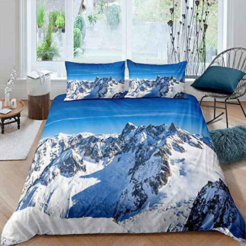 Tbrand Schnee Berg Bettwäsche Set 135x200cm Winter Landschaft Betten Set für Kinder Frauen Männer Natürliche Landschaft Kunst Bettbezug Set Blau Weiß Schneeraum Dekor Bettwäsche von Tbrand