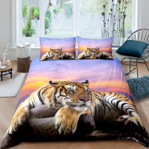 Tbrand Tiger Bettwäsche Set 135x200cm Wildtiere Muster Bettbezug Set für Kinder Jungen Mädchen Safari Katzendruck Betten Set Sonnenuntergang Natur Landschaft Atmungsaktive2St von Tbrand