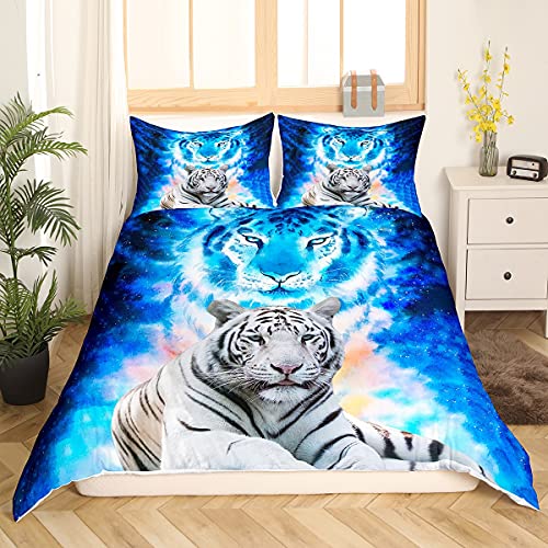 Tbrand Tiger Drucken Bettwäsche Set 155x220cm Wildtier Thema Bettbezug Set Blue Galaxy Betten Set Für Kinder Erwachsene Wildlife Safari Katzendruck Ultra weich Raumdekoration Reißverschluss von Tbrand