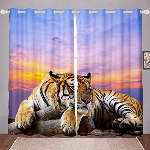 Tbrand Tiger Vorhänge Wildtiere Muster Fenstervorhang 137x117cm für Kinder Jungen Mädchen Safari Katzendruck Blickdichte Vorhänge Sonnenuntergang Natur Landschaft von Tbrand