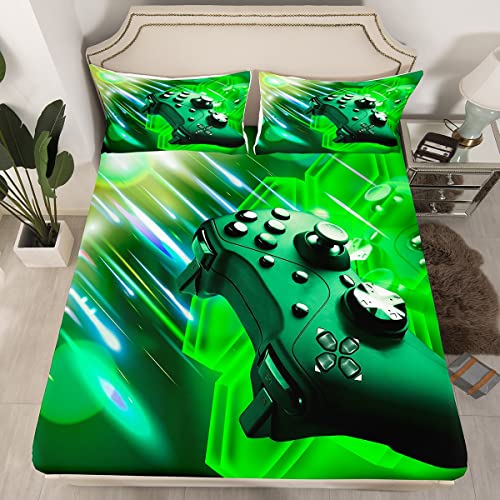 Tbrand Videospiel Bettlaken Set Gamepad Controller Spannbettlaken 140x200cm für Jugendliche Modern Gaming Spannbetttuch Spiele Grün Hexagon Geometrisch Mit 1 Kissenbezug 2St von Tbrand