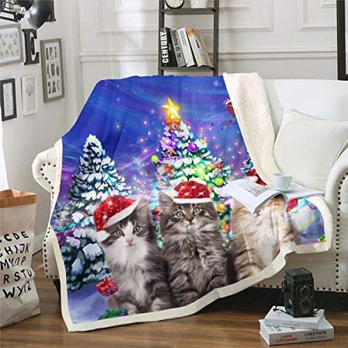 Tbrand Weihnachten sie Kuscheldecke Weihnachten süße Katzen Wohndecke für Kinder Jungen Mädchen Haustier Katzen Tiermuster Decke 130x150cm Glitter Snow Pine Weich von Tbrand