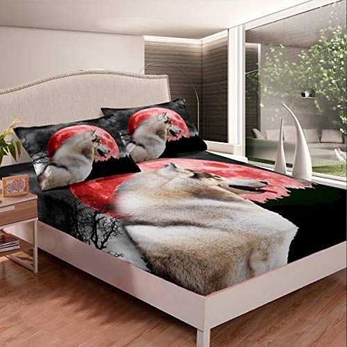 Tbrand Wilder Wolf Spannbettlaken 140x200cm Mond Wolf Spannbetttuch für Kinder Jungen Mädchen 3D Tierdruck Bettlaken Set Rot Weiß Ultra weich Dekor rutschfeste 2St von Tbrand