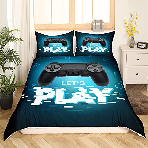 Teens Games Bettwäsche-Set, Gamepad Spieler Gaming Bettbezug 135x200 für Kinder Jungen Mädchen Jugend Schlafzimmer, moderne VR Gamer Tröster Abdeckung Geometrische Dreieck Bettbezug, Blau und Schwarz von Tbrand