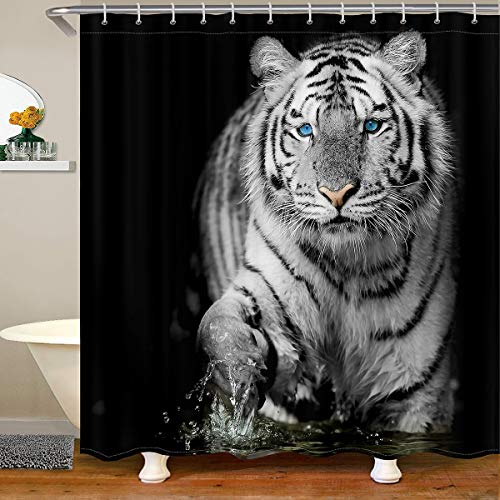 Tiger Stoff Duschvorhang 180x180 Wildes Thema Wasserdichtes Duschvorhang Textil für Kinder Weiße Tiere Muster Dekorativ Mit Haken Tierwelt Stil von Tbrand