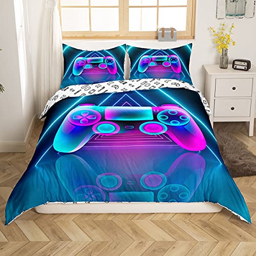 Videospiele Bettbezug Set 155x220, Kinder Modern VR Gamer Bettwäsche Set, Gamepad Controller Joystick Trösterbezug für Jungen Mädchen Teenager Spielzimmer, Geometrisches Dreieck Bettbezug, Blau Lila von Tbrand