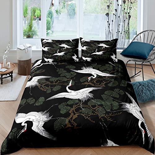 Weiße Kraniche Bettwäsche Set 135x200cm Bettbezug Set japanischen Stil für Kinder Exotisch Tier Pine Tree Betten Set Japanisches Vogelgrün Schwarz Schlafzimmer Dekor 2St von Tbrand