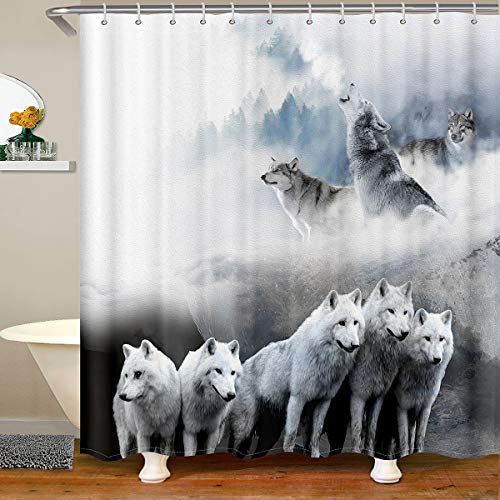 Wölfe 3D Wolf Duschvorhang Textil Safari Tiermuster Duschvorhang 180x210 Set für Stände Badewannen Luxus Wilder Wolf Leicht Wasserdichtes Mit Haken von Tbrand