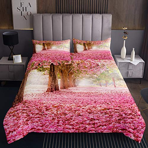 Zweige Tagesdecke 220x240cm Kirschblüte Blumenbaum Steppdecke für Kinder Mädchen Frauen Wald Bettüberwurf Nette Rosa Naturansicht Wohndecke 3St von Tbrand