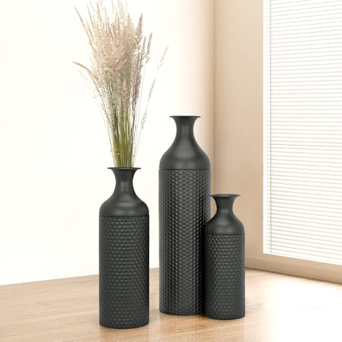 Tcatec Groß Bodenvase für Pampasgras, 3 Stück Metall Bodenvasen Mit Waben Textur, 68/51/41cm Hoch Boden Vase Set, Modern Große Deko Vasen für Wohnzimmer Schlafzimmer Tischdekoration (Schwarz) von Tcatec