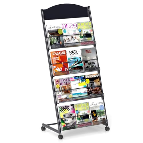 Tcatec Prospektständer Bodenstehender Zeitschriftenständer 4-stufiger Prospekthalter A4 zeitungsständer mit 4-Rädern Zeitungskataloghalter aus Stahl Informationsständer für öffentlichen Orten von Tcatec