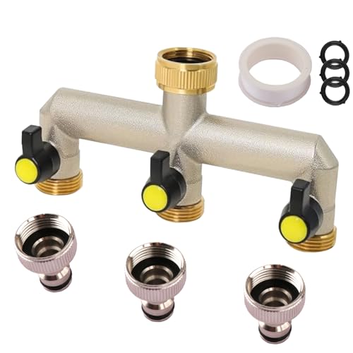 Tceapoo 3-Wege-Verteiler: 3-Wege Wasserhahn Wasserverteiler aus Messing für 3 Geräte/Gartenschläuche, 3 wege Verteiler Wasser 3/4 zoll mit Adapter 1/2" für Bewässerungssysteme und Gartenbewässerung von Tceapoo