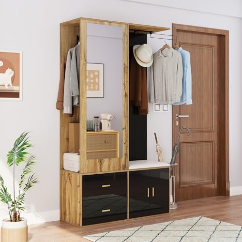 Elegantes Kleiderschrankset in Schwarz und Holzfarbe mit Spiegel, Schuhschrank, Schuhbank mit Haken und ausziehbaren Kleiderbügeln. Elegantes Kleiderschrankset in Schwarz und Holzfarbe mit Spiegel, Schuhschrank, Schuhbank mit Haken und ausziehbaren Kleiderbügeln. von Tcewhhy