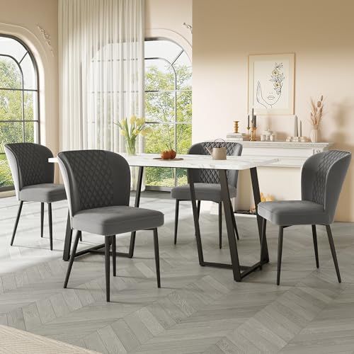 Essgruppe,(Set,140×80×75cm Esstisch mit 4 Stühlen), Moderner Küchentisch Set ,Dunkelgrau Samt Esszimmerstühle , Polsterstuhl Design Stuhl mit Rückenlehne ,MDF Tischplatte in Weißer,Schwarz Tischbeine von Tcewhhy