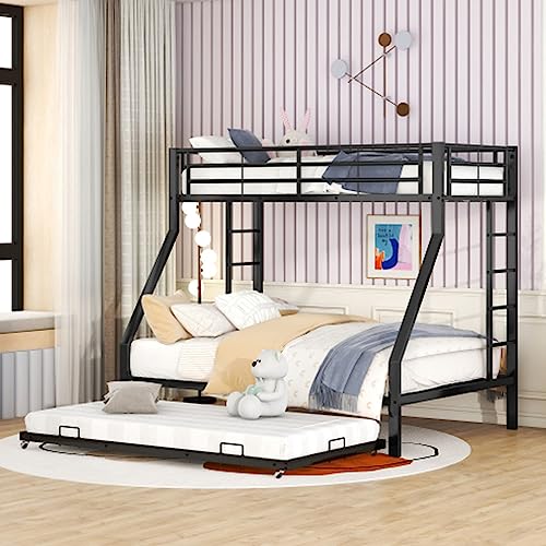 Etagenbett Metallbett Mit Ausziehbarem Bett Für 3 Personen Jugendbett Mit Leiter Auf Beiden Seiten Hochbett Für Kinder Jugendliche Erwachsene 90(140) x200cm Schwarz von Tcewhhy