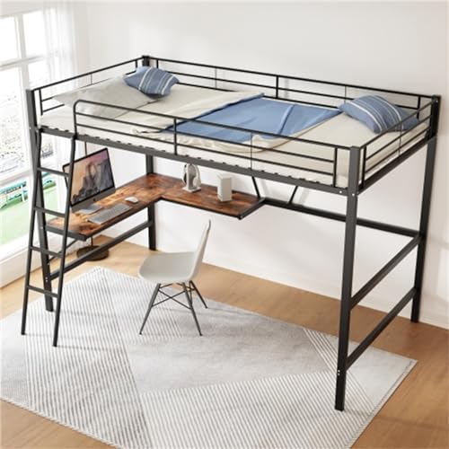 Hochbett 90x200 cm Eisenbett Mit L-förmigem Schreibtisch Und Einem Regal Jugendbett Für Kinder Jugendliche Und Erwachsene Bettgestell Metallbett Kinderbett Schwarz von Tcewhhy