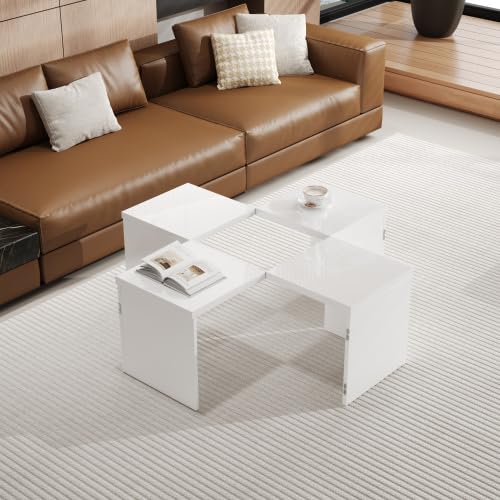 Tcewhhy Couchtisch Set, 4 Modulare Tische, 81 x 81 x 40 cm, Hochglanz Weiß, DIY Kombinierbar von Tcewhhy