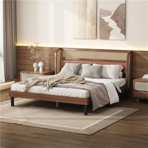 Tcewhhy Doppelbett 160x200cm Mit PU-Polster Und Rattan Gebogene Ohren Jugendbett Für Erwachsene Jugendliche Gästebett Mit Holz Lattenroste Kiefer MDF Braun von Tcewhhy