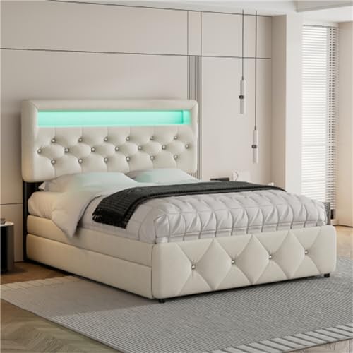 Tcewhhy Polsterbett 140x200cm (90x190cm) Doppelbett Mit Bettauszug Und 2 Schubladen Jugendbett Mit Led Lichtleiste Stauraumbett Für Erwachsene Jugendliche Gästebett Für Schlafzimmer Beige von Tcewhhy
