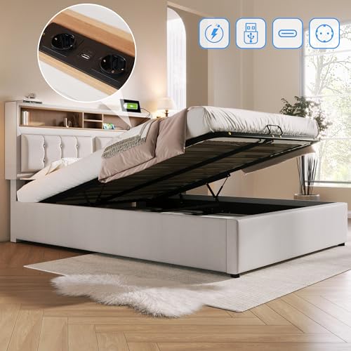 Tcewhhy Polsterbett Doppelbett mit USB C Steckdose Ladefunktion Kopfteil,Stauraumbetten Bettgestell aus Leinenmaterial Jugendbett 140x200 mit lattenrost(Ohne Matratze) von Tcewhhy