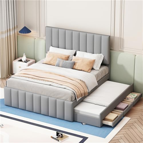 Tcewhhy Polsterbett Mit Ausziehbett Und Schubladen Jugendbett Für Erwachsene Jugendliche Kinderbett Stauraumbett Mit Lattenrost Gästebett Für Schlafzimmer Gästezimmer Grau 140x200 cm von Tcewhhy