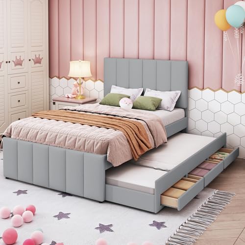 Tcewhhy Polsterbett Mit Ausziehbett Und Schubladen Jugendbett Für Erwachsene Jugendliche Kinderbett Stauraumbett Mit Lattenrost Gästebett Für Schlafzimmer Gästezimmer Grau 90x200 cm von Tcewhhy